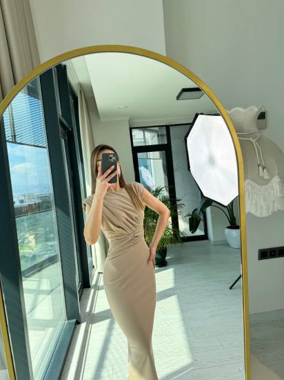 Vizon Önü Taşlı Bel Detaylı Krep Kumaş Kalem Elbise