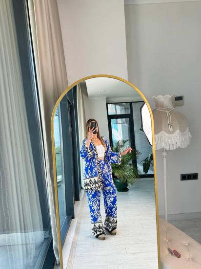 Mavi Beyaz Pamuklu Viskon Pantolon Kimono Tiril Takım