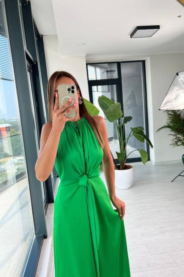 Tasarım Yeşil İpek Saten Yırtmaç Detaylı Elbise