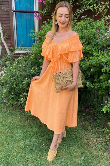 Orange Volan Detaylı Keten Elbise